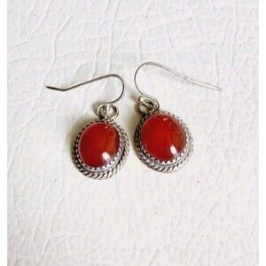 Native American AMB Sterling 925 Silver Carnelian Handmade Ovals Earrings 4.73g